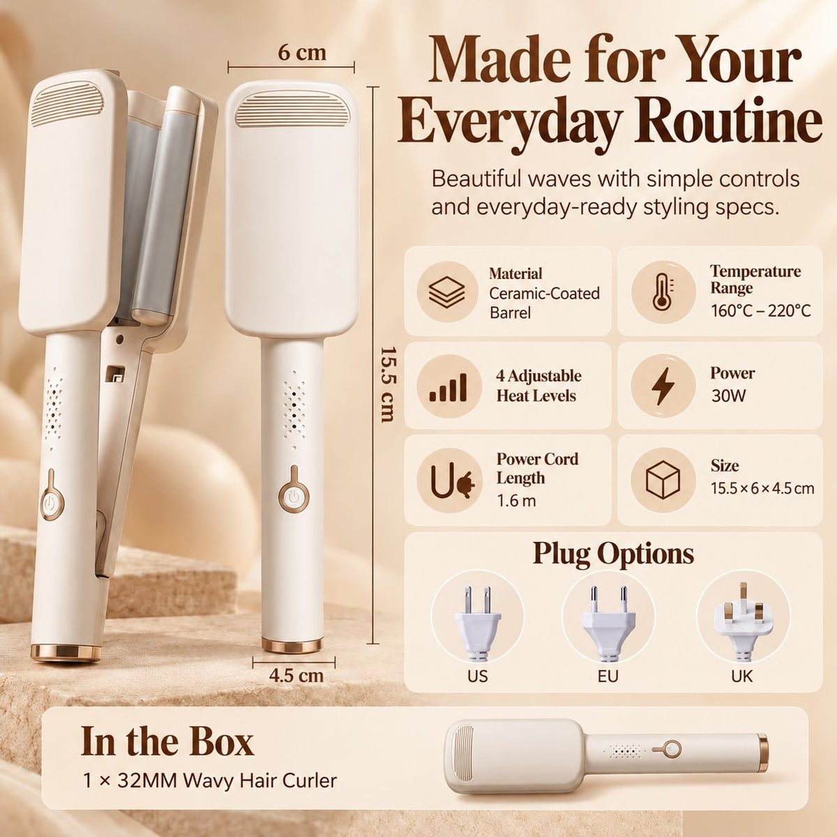 ⏰32MM Wavy Hair Curler – Big Bouncy Curls, 4 Adjustable Heat Settings & Negative Ion Care – Salon-Quality Styling at Home 💇‍♀️