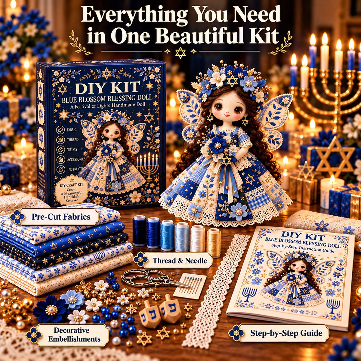 🕎🧵 Hanukkah DIY Patchwork Doll Kit – Handmade Festival of Lights Keepsake
