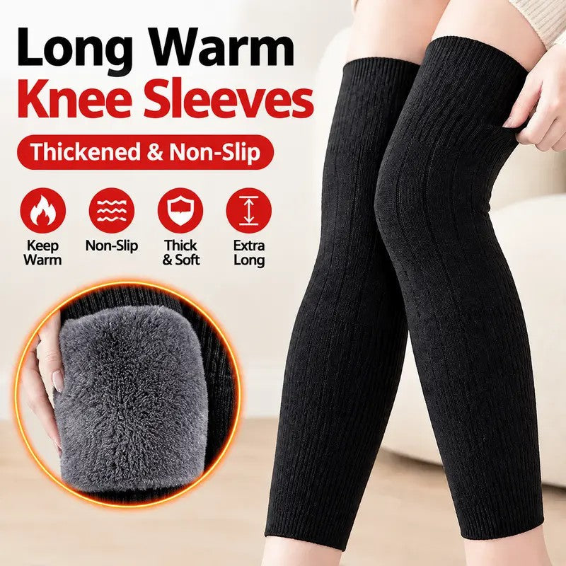 Thick plush lining inside black long knee warmers