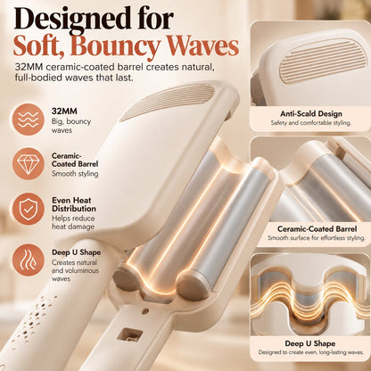 ⏰32MM Wavy Hair Curler – Big Bouncy Curls, 4 Adjustable Heat Settings & Negative Ion Care – Salon-Quality Styling at Home 💇‍♀️