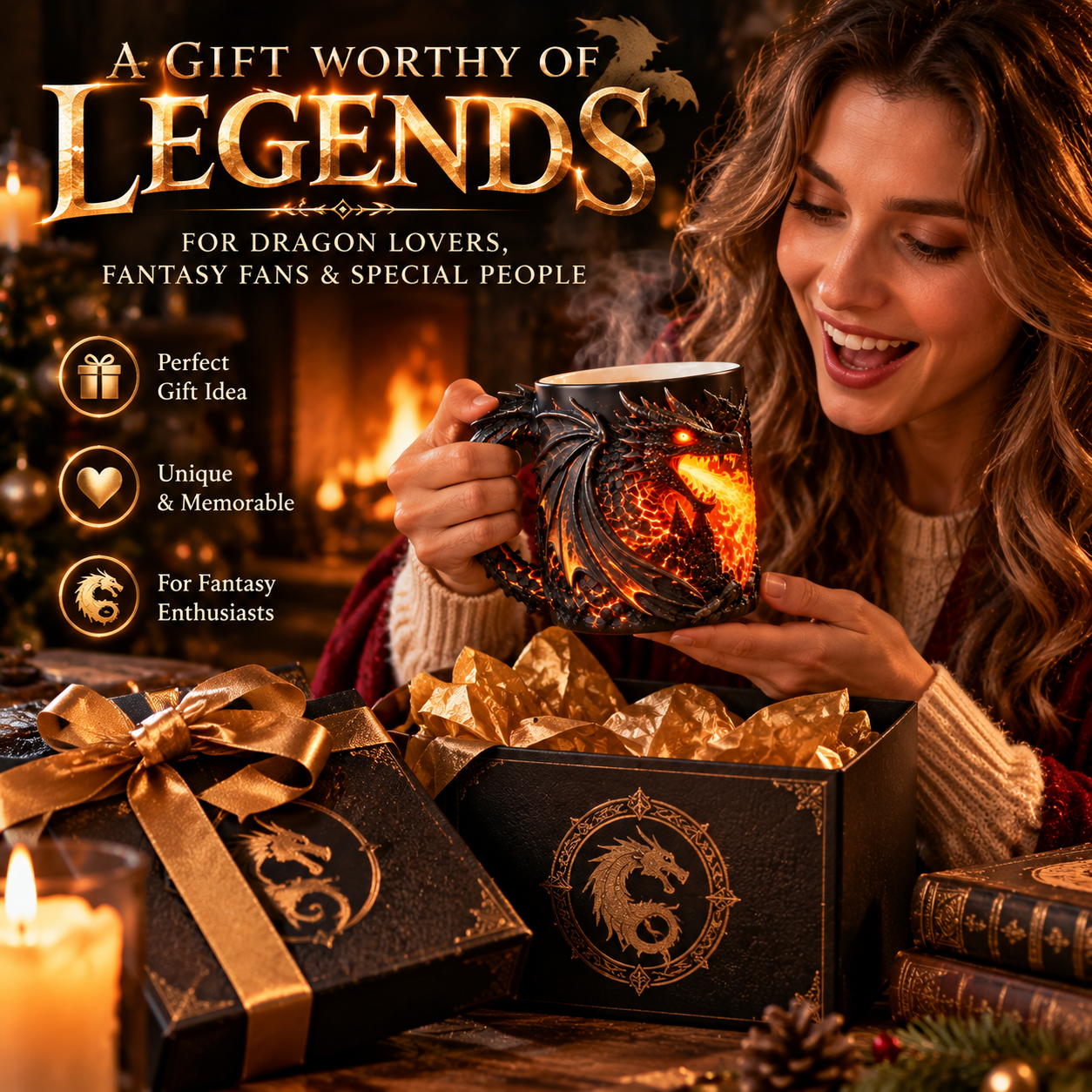 Fantasy-themed gifting scene featuring the heat-reveal dragon mug