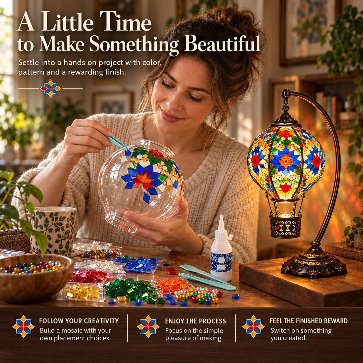 🎨 Beginner-Friendly Turkish Mosaic Hot Air Balloon Lamp DIY Kit | Complete Kit with Mosaic Pieces, Tools & USB Light Included ✨