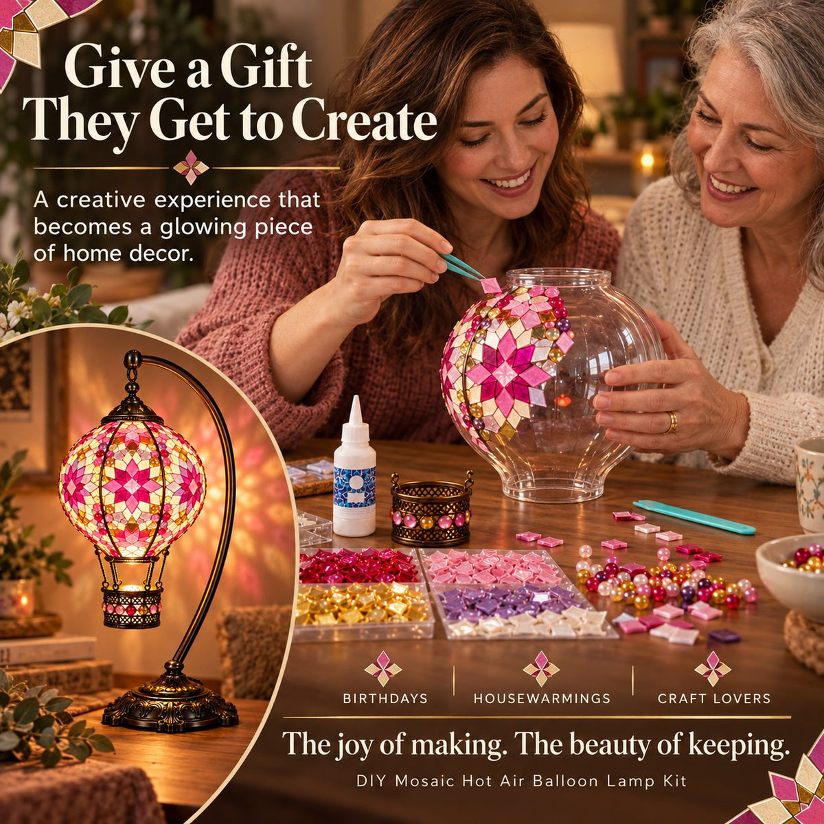 🎨 Beginner-Friendly Turkish Mosaic Hot Air Balloon Lamp DIY Kit | Complete Kit with Mosaic Pieces, Tools & USB Light Included ✨