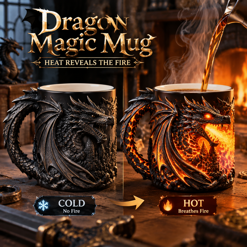 Dragon magic mug showing cold black appearance and hot fiery orange reveal