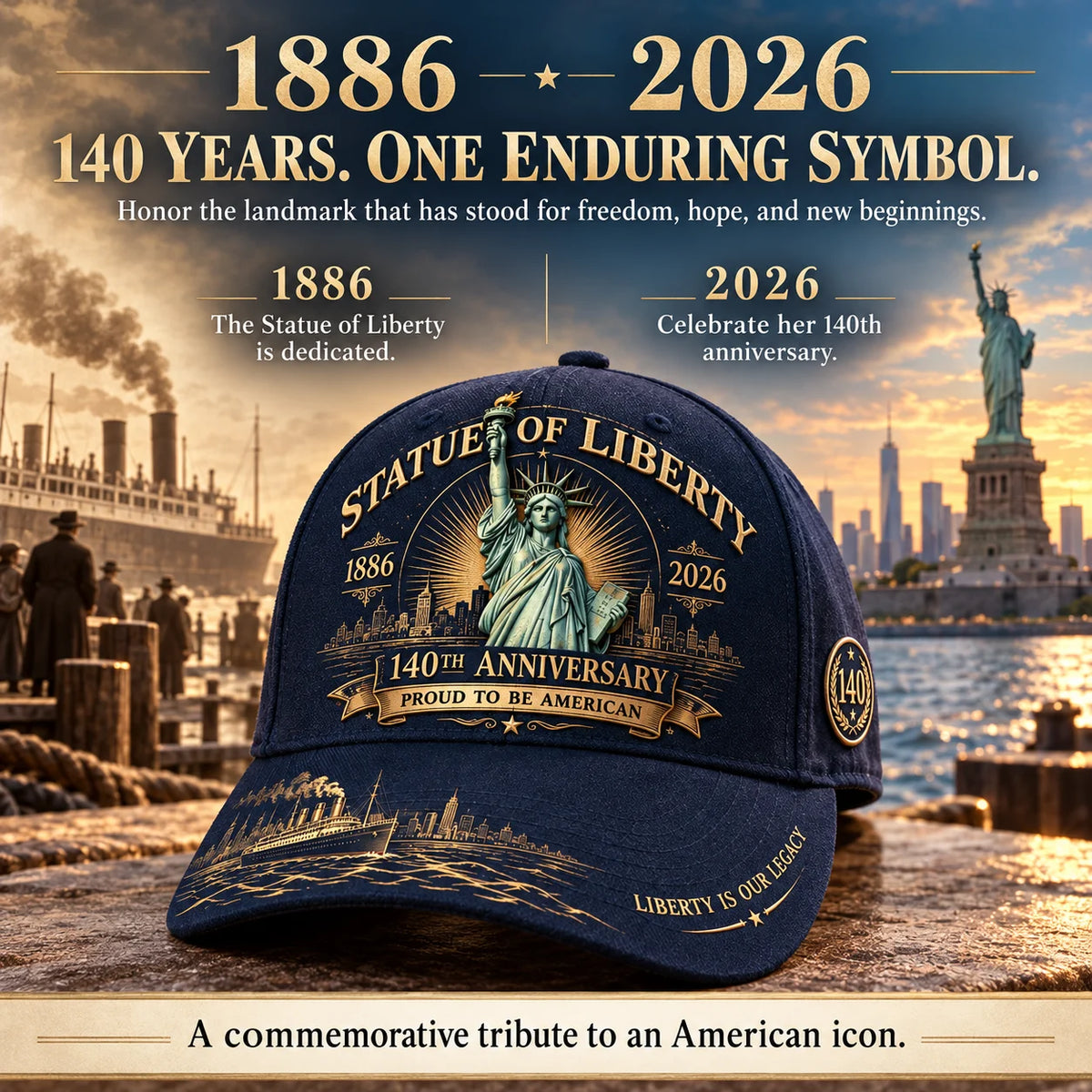 💝last Day 49% Off - 🗽 Statue Of Liberty 140th Anniversary 1886–2026 – Premium Embroidered Heritage Cap | Cotton-poly Blend • Detailed Embroidery • Adjustable Fit 🇺🇸