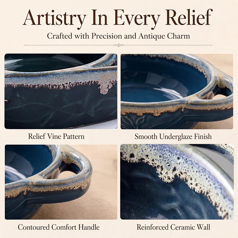 Retro divided ceramic dish glaze handle and relief details