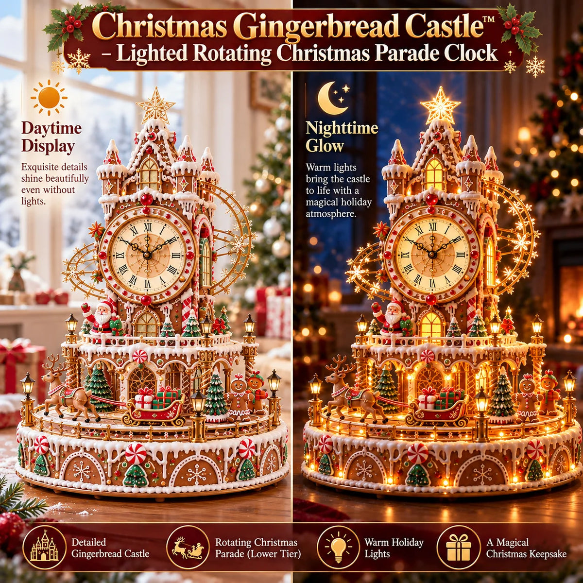 🎄Christmas Gingerbread Castle™ – Lighted Rotating Christmas Parade Clock