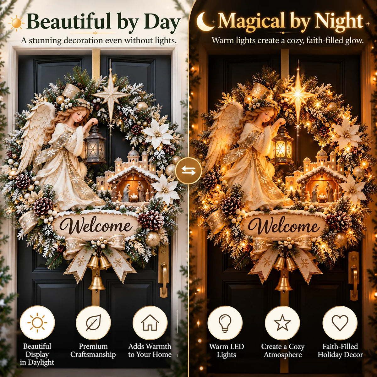 🔥 Last Day 50% Off 🔥✝️ Angel Bethlehem Welcome™ – Lighted Nativity Christmas Door Wreath