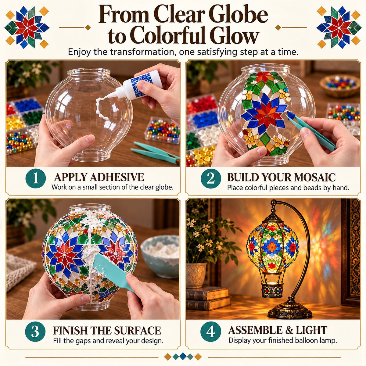 🎨 Beginner-Friendly Turkish Mosaic Hot Air Balloon Lamp DIY Kit | Complete Kit with Mosaic Pieces, Tools & USB Light Included ✨