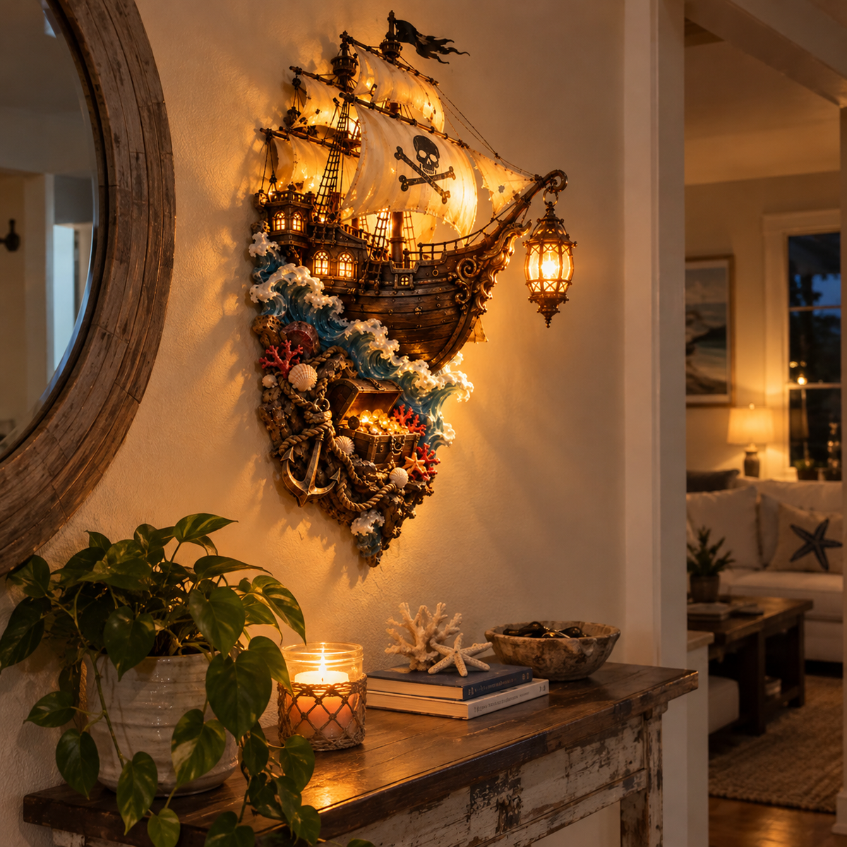 Pirate ship wall lantern in entryway