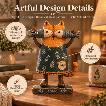 🐱 Whimsical Fish-Loving Cat – Rustic Farmhouse Tabletop Decor