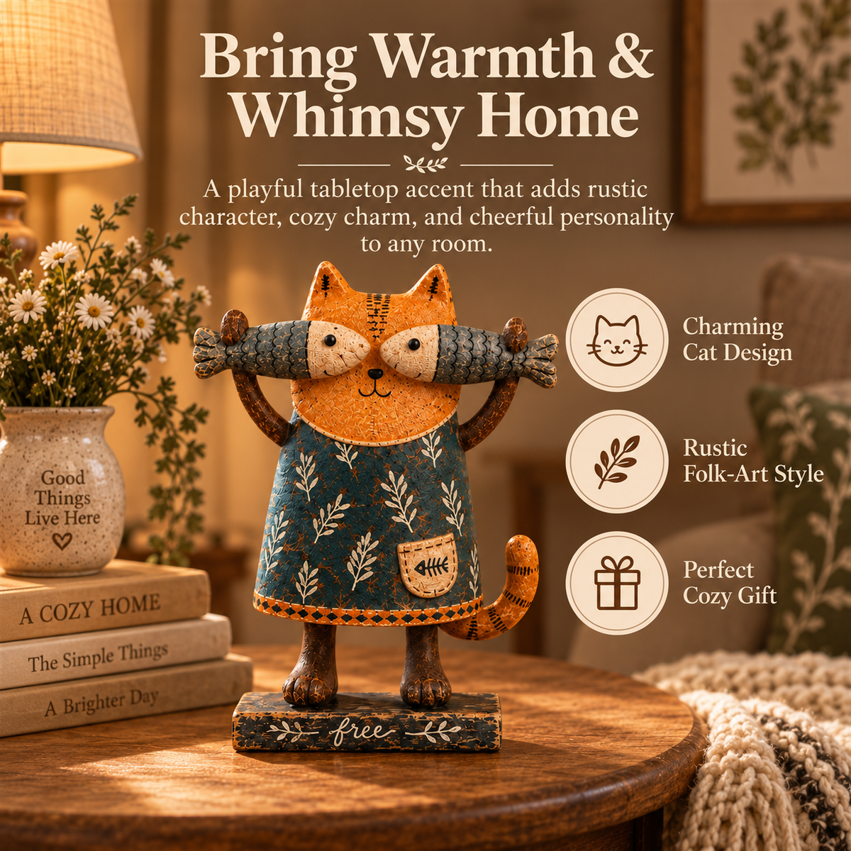 🐱 Whimsical Fish-Loving Cat – Rustic Farmhouse Tabletop Decor