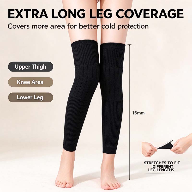 Full-length ribbed knee warmers showing extended coverage over the legs