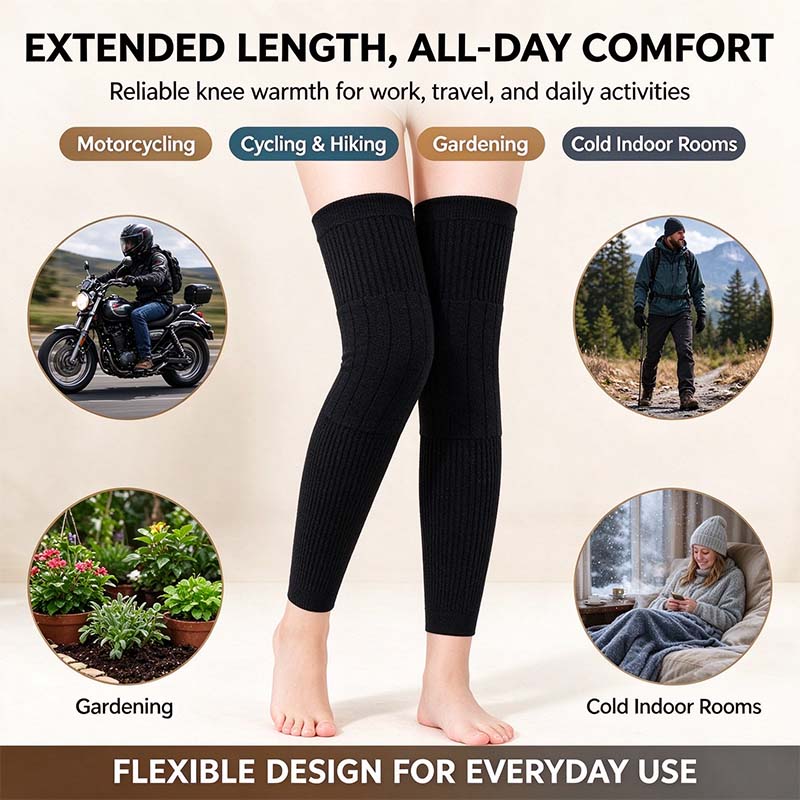 Long knee warmers shown in everyday cold-weather settings