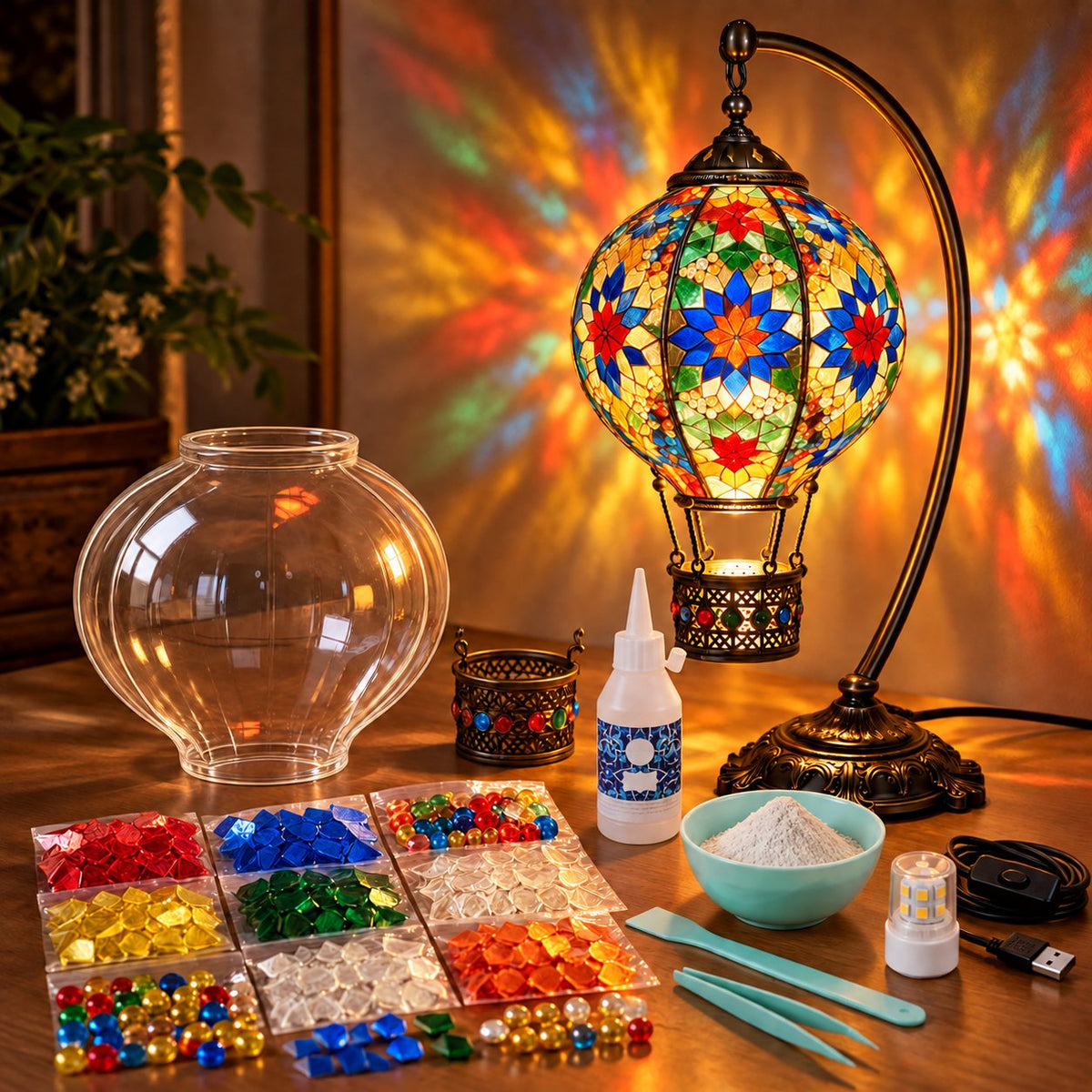 🎨 Beginner-Friendly Turkish Mosaic Hot Air Balloon Lamp DIY Kit | Complete Kit with Mosaic Pieces, Tools & USB Light Included ✨