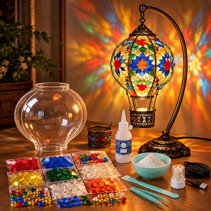 🎨 Beginner-Friendly Turkish Mosaic Hot Air Balloon Lamp DIY Kit | Complete Kit with Mosaic Pieces, Tools & USB Light Included ✨