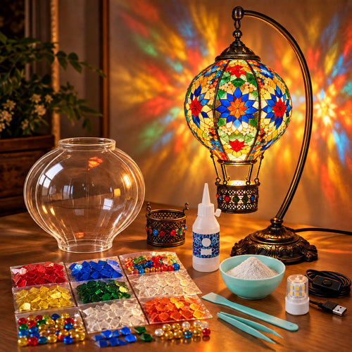 🎨 Beginner-Friendly Turkish Mosaic Hot Air Balloon Lamp DIY Kit | Complete Kit with Mosaic Pieces, Tools & USB Light Included ✨