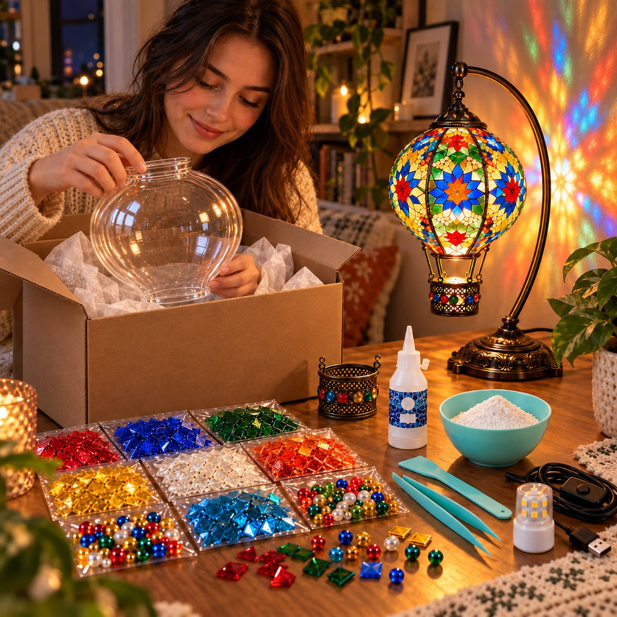 🎨 Beginner-Friendly Turkish Mosaic Hot Air Balloon Lamp DIY Kit | Complete Kit with Mosaic Pieces, Tools & USB Light Included ✨