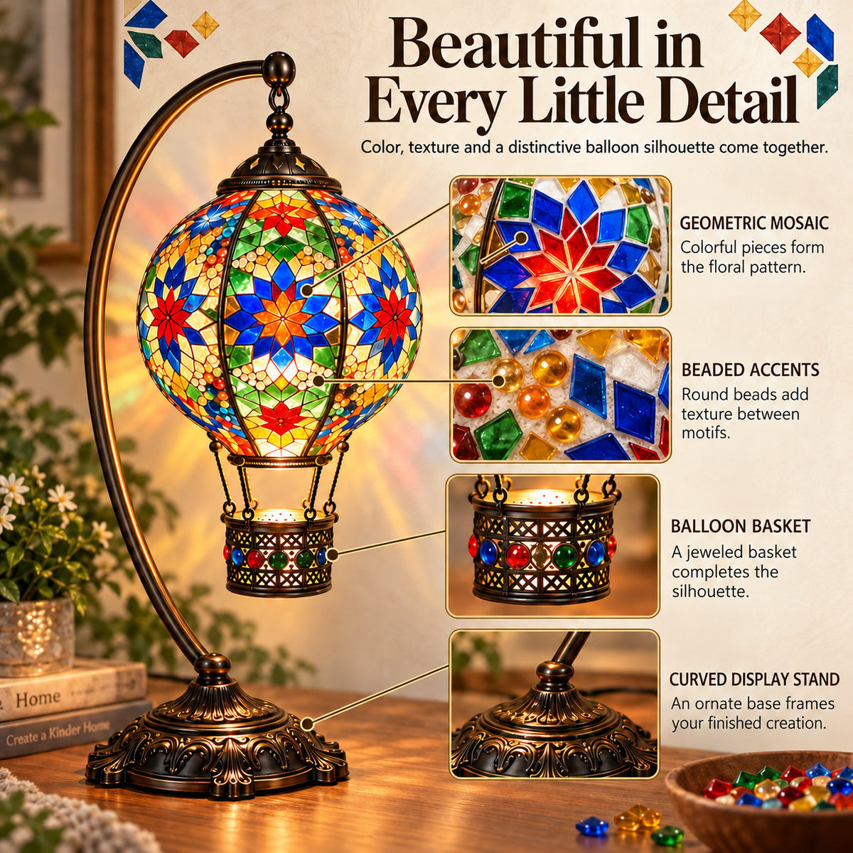 🎨 Beginner-Friendly Turkish Mosaic Hot Air Balloon Lamp DIY Kit | Complete Kit with Mosaic Pieces, Tools & USB Light Included ✨
