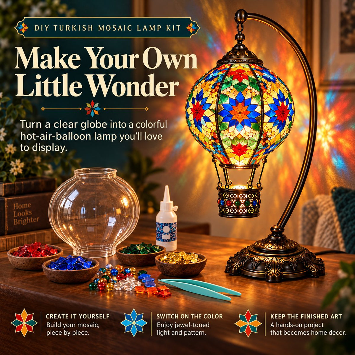 🎨 Beginner-Friendly Turkish Mosaic Hot Air Balloon Lamp DIY Kit | Complete Kit with Mosaic Pieces, Tools & USB Light Included ✨