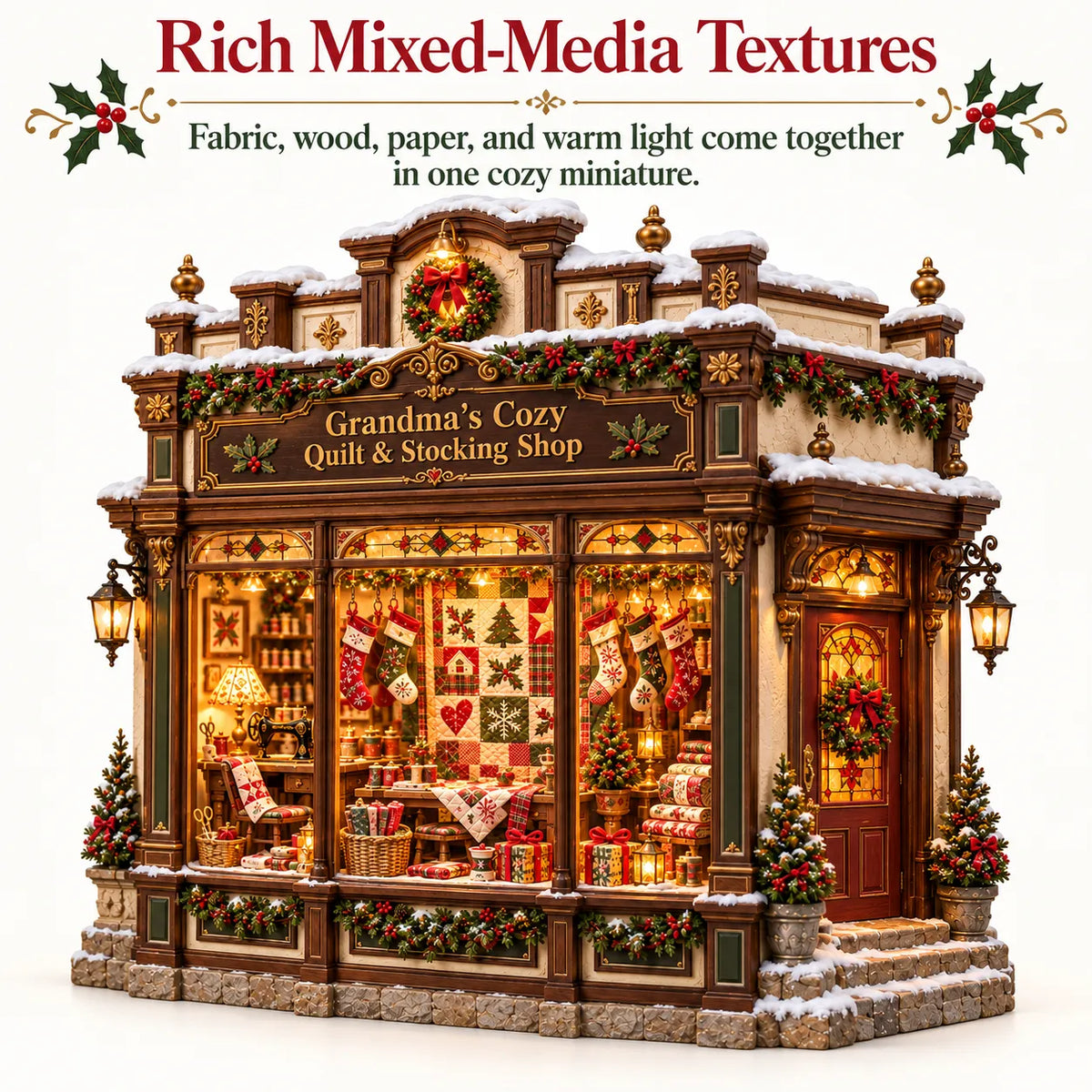Rich mixed media textures in Christmas miniature