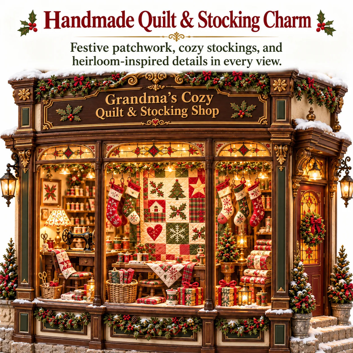 Handmade quilt and stocking details in Christmas miniature