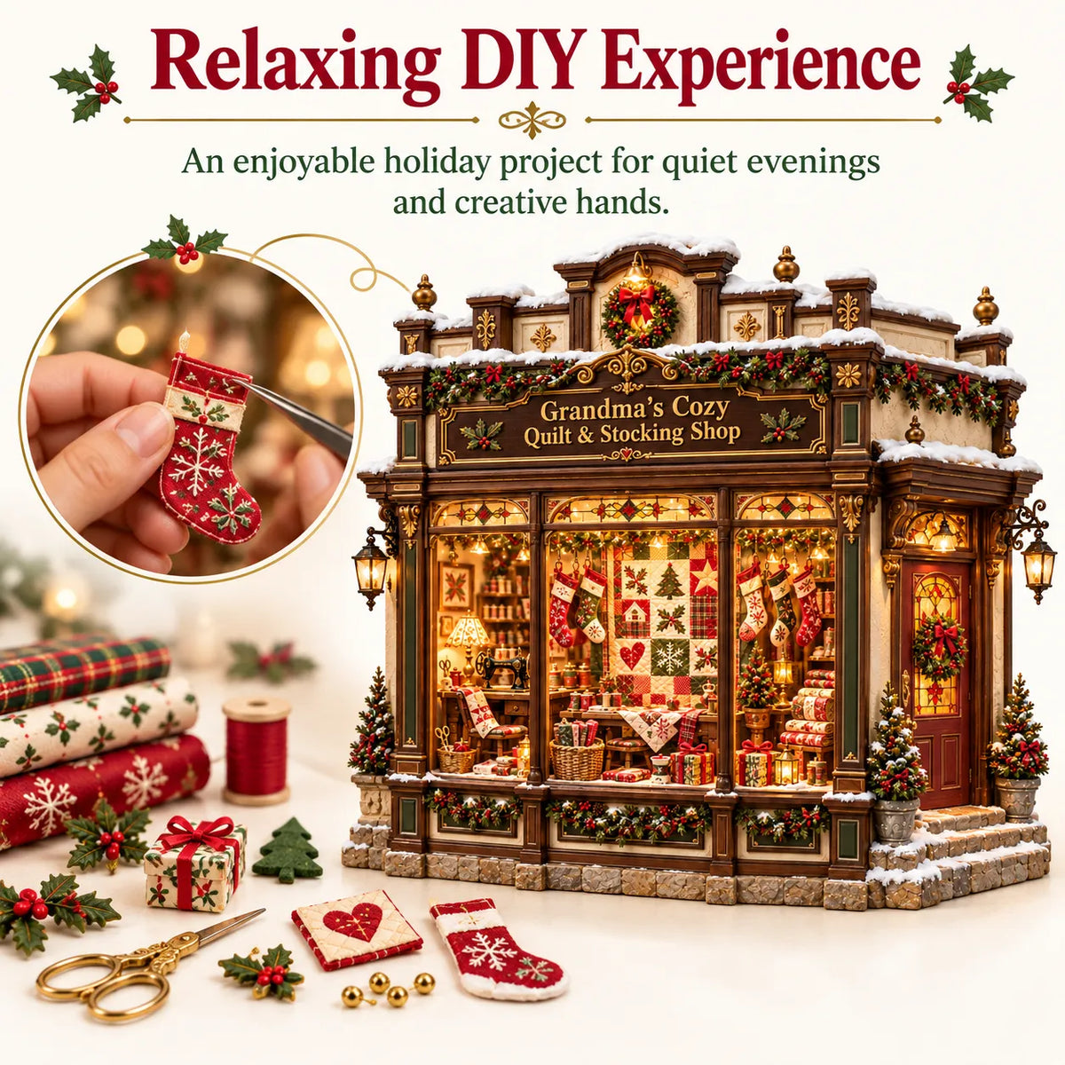 🧵 Grandma’s Cozy Quilt Shop DIY Kit 🎄 | Light-Up Christmas Miniature | Build Your Own Holiday Tradition