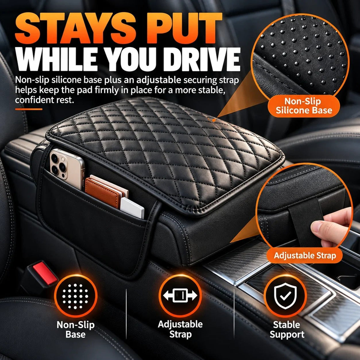 🚘 Car Center Console Armrest Riser – Padded Cushion with Side Storage & Non-Slip Base